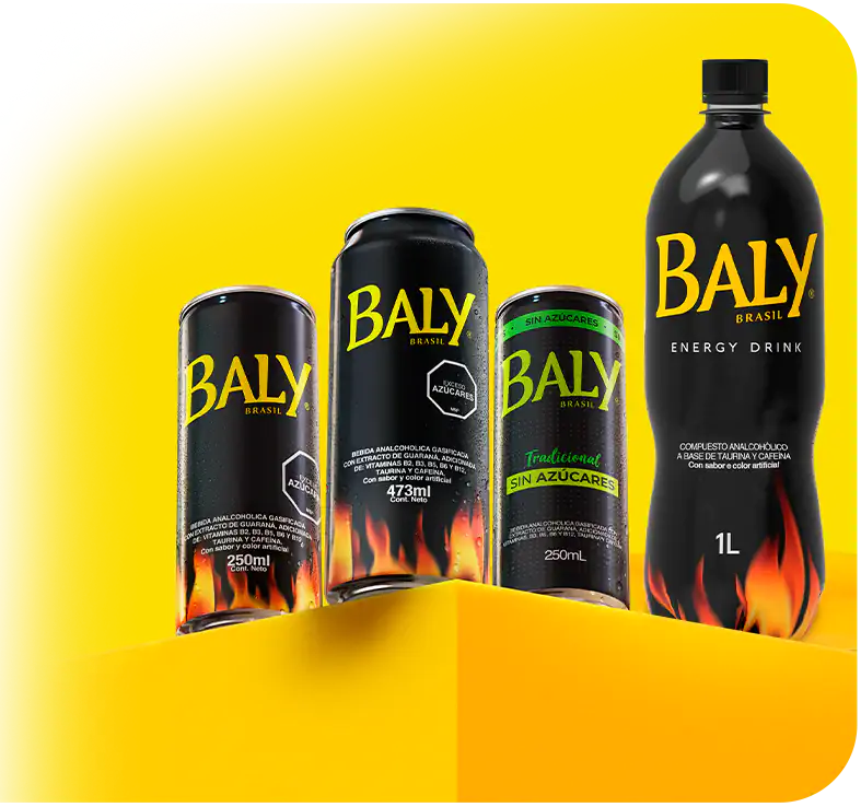 presentacion de todos los tamaños de bebidas energizantes Baly